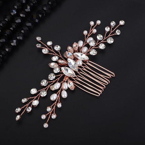 Teyglen Crystal Bridal Hair Comb Rhinestone Wedding Hair Comb with Pearl Bride Hair Accessories Bridal Side Comb Crystal Hair Piece for Women Girls (Rose gold)