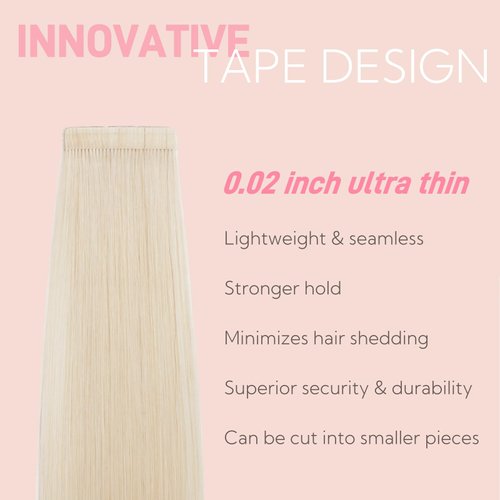 FUOTONBUTY Tape in Hair Extensions Human Hair Double Stitched Invisible Tape in Hair Extensions Seamless Tape ins 20pcs 50g Tape on Real Human Hair (Platinum Blonde, 14 inch)
