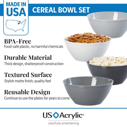 US Acrylic Fresco 28 oz. Plastic Stackable Snack Bowls for Cereal and Ice Cream in Grey Colors | Set of 8 | 6-inch Reusable, BPA-Free, Made in the USA, Dishwasher Safe Dinnerware