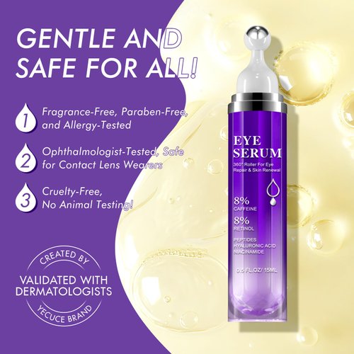 Under Eye Roller Serum|8% Caffeine Eye Cream for Dark Circles Puffy Eye Bags Fine Lines Wrinkles, 360° Massage Ball Cream, 8% Hyaluronic Acid Caffeine Peptide Eye Serum, Eye Skin Care