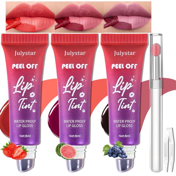 Wugbc Lip Stain Peel Off 3 Colors, Fruit Flavoured Long Lasting Tattoo Lip Liner Tint Waterproof Peel & Reveal Matte Finish Highly Pigmented Color Lipstick for Women Makeup Set with Brush & Tweezers
