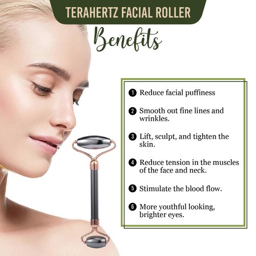 Terahertz Facial Roller Skin Care - Face Massager Roller with Gift Box | Classy Rose Gold | Facial Gua Sha Tools | Face Roller for Wrinkles & Lifting, Eye Roller for Puffy Eyes, Terahertz for Face