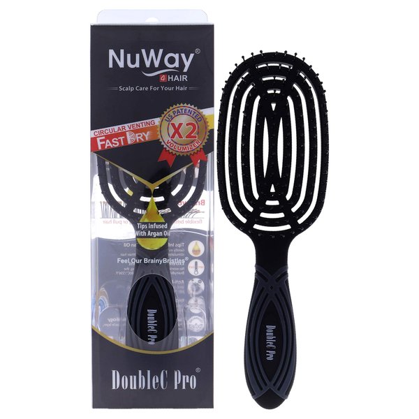 NuWay 4HAIR® DoubleC PRO® U.S. Patented Double Curved Detangling Brush is Hair Dryer Safe (Black)