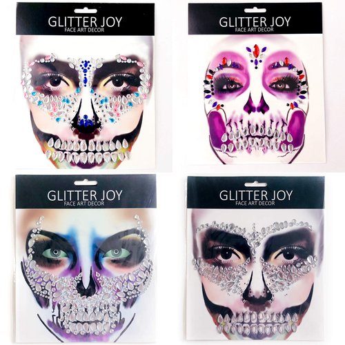 Day of the Death Face Jewels Crystals Face Gems Stick on Halloween Makeup Costume,4-Pack