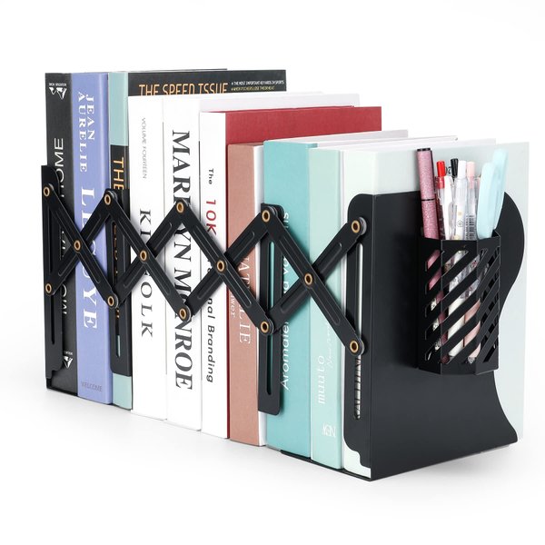 Hmseng Book Ends, Adjustable Metal Bookends Book Holders for Shelves, Desk Magazine File Organizer Holder for Office, Books, Papers, Extends up to 19 inches.Scratch-Resistant Hand Coating-Black