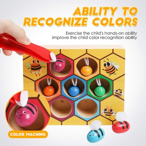 kizh Fine Motor Toys, Clamp Bee to Hive Matching Game Toddler Learning Toys Montessori Wooden Lovely Bee Hive Toys Color Sorting for Baby Early Educational Game Toy for 3 4 5 Years Old Kids