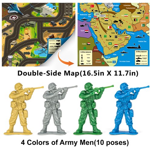 TikOnsYol 100 Pcs Army Men Toys for Boys with Map in Bucket World War II WW2 Green Gray Plastic Army Men Military Guy Toy Soldier Action Figures Battlefield Playset and Accessories