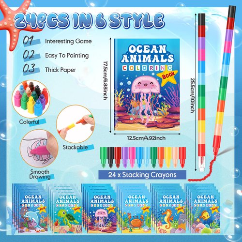 Motipuns 24 Set Christmas Classroom Gifts, 24 Under the Sea Coloring Book with 24 Stacking Crayons for Students Christmas Party Favors Stockings Pinata Filler Christmas School Goodie Bag Stuffers