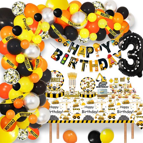 189 Pcs Construction 3rd Birthday Party Supplies Dump Truck Three Years Old Paper Plates Napkins Forks Cups Tablecloth Banner Balloon Garland Dinnerware for Construction 3rd Bday Party Decorations