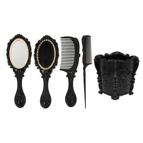 EXCEART 1 Set 5 Pcs Mirror Comb Set Vintage Hand Mirror Antique Hair Brush with Storage Holder for Wet/Dry Hair Styling Tool Makeup Accessories (Black)