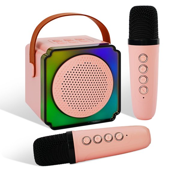OMNANGO Mini Karaoke Machine for Kids Adults, Portable Bluetooth Speaker with 2 Wireless Mics and LED Color Lights, Party, Home KTV, Birthday (Pink)