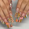 ANDGING Long Press on Nails Square Ballet Brown Fake Nails Glue on Nails with Colorful Floral Heart Design Manicure Acrylic Women False Nails with Glue Gel Stick on Nail for Wedding Birthday DKL565A
