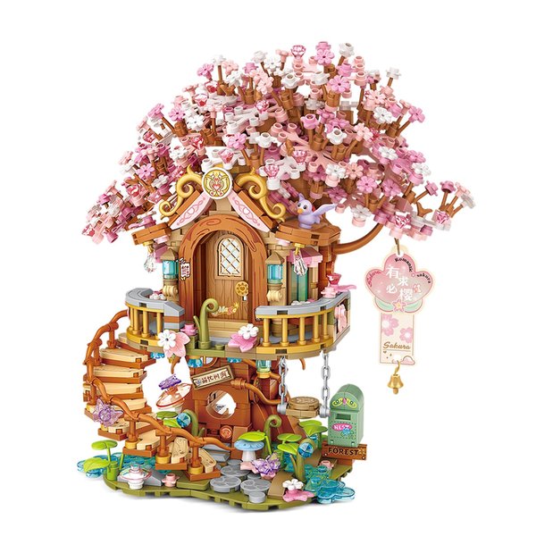 HOUXIPUPY Mini Cherry-Blossom-Treehouse Building Blocks Set- Icons Bonsai Sakura Tree House Flower Construction Building Blocks Model Collection Set 1149 PCS for Adults and Famliy