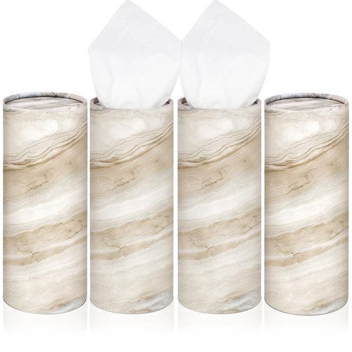 Geyoga 4 Pack Car Tissue Holder Marble Print Car Tissues Cylinder Round Tissue Boxes with 50 Facial Tissues Per Box for Car Tissue Round Container for Christmas Home Office Travel Gift(Brown)