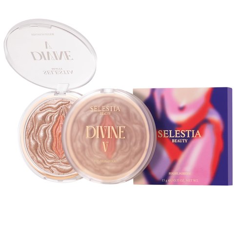 SELESTIA BEAUTY Highlighter Makeup Powder Divine V - 0.53 oz. Face Highlighter Powder for Radiant Glow - Christmas Gift for Wife and All Skin Tones - Easy-to-Apply Powder Highlighter