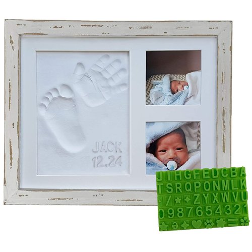 Farmhouse Baby Handprint & Footprint Picture Frame Kit - Rustic 9" x 11" Distressed Wood Photo Frame & Clay Keepsake for Newborns. Bonus Stencil for Personalized Registry, New Mom or Shower Gift
