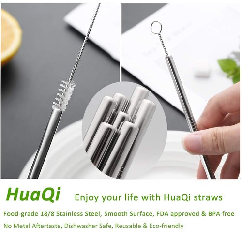 Set of 10 Stainless Steel Straws, HuaQi Straight Reusable Straight Drinking Straws 10.5'' Long 0.24‘’ Dia for 30 oz Tumbler and 20 oz Tumbler, 2 Cleaning Brush Included