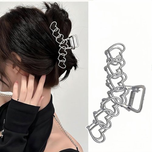Heart Hair Clips Silver Metal Hair Accessories for Women Girls Sweet Hearts Shaped Hair Claw Clips Shiny Hairpins Strong Hold Nonslip Hair Clip for Thick or Thin Hair Goddess Look 1 Pcs
