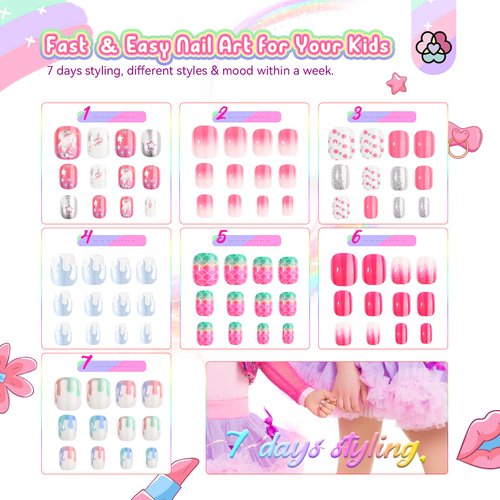 SAVILAND 168Pcs 7 Pack Press on Nails for Kids Children Fake Nails Stick on Nails Pre-glue Full Cover Glitter Gradient Color Star Short Acrylic Nail Tips Nail Art Christmas Gifts for 8-12 Year Kids
