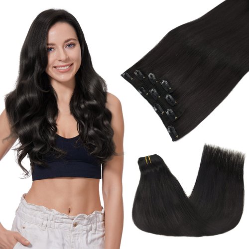 GOO GOO Clip in Hair Extensions Real Human Hair, 18inch 70g 4Pcs, 1B Natural black, Remy Human Hair Extensions Clip ins for Women, Natural Human Hair