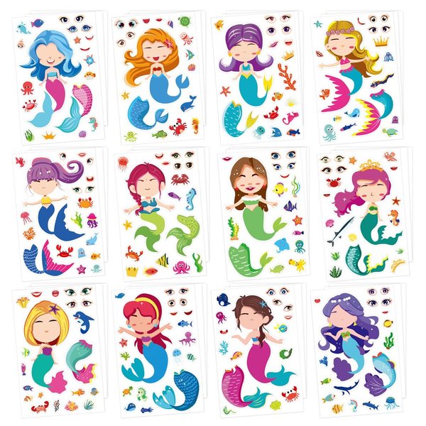 FHJBJA 36 Pcs Mermaid Stickers, Make Your Own Mermaid Stickers Party Favors Mermaid Make A Face Stickers for Kids Party Favors,Classroom Rewards,Mermaid Themed Art Craft Supplies