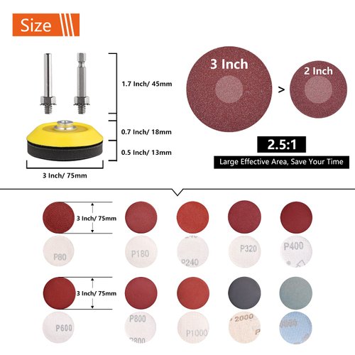 Tshya 100pcs 3inch Sanding Discs Pad with 2Pcs Sanding Sponge Buffing Blocks Variety Kit for Drill Grinder Rotary Tools Attachment with 1/4" Shanks, Sanding Pads Includes 80-3000 Grit
