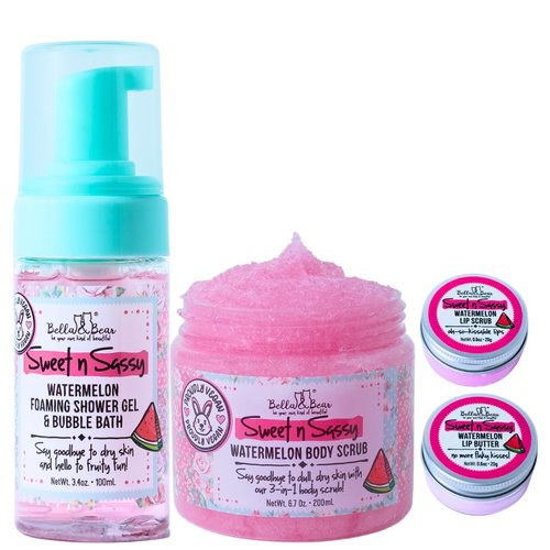Bella & Bear Sweet 'n; Sassy MIdi Bath & Body Gift Set with Foaming Shower Gel & Bubble Bath, Body Scrub & Lip Scrub and Lip Butter - Great gift for Christmas