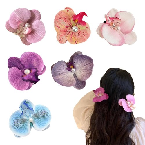 6PCS Phalaenopsis Hair Accessories Set - Flower Alligator Clips, Braided Barrettes, Summer Beach Hair Clips for Women and Girls