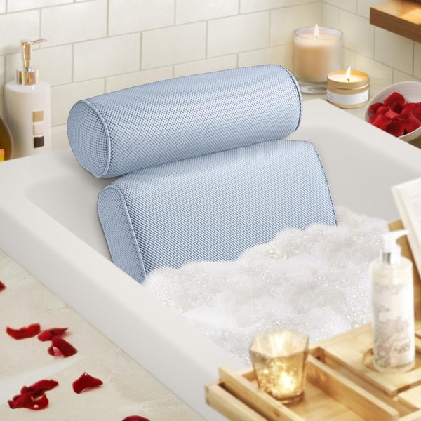 LuxStep Bath Pillow Bathtub Pillow with 6 Non-Slip Suction Cups,14.6x12.6 Inch, Extra Thick and Soft Air Mesh Pillow for Bath - Fits All Bathtub, Blue