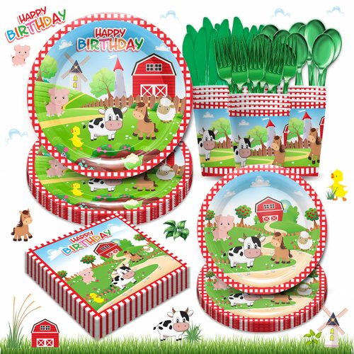 Piooluialy Farm Birthday Party Supplies Tableware Set - Farm Animal Party Decorations Include Dinner Plates, Cups, Napkins, Cutlery, Farm House Animal Barnyard Theme Party Supplies | Serves 24