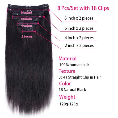 Nvnvdij Straight Clip in Hair Extensions Human Hair 8pcs Per Set with 18Clips Double Weft Clip in Human Hair Extensions Natural Black Color For Women (14 Inch, Straight Hair)