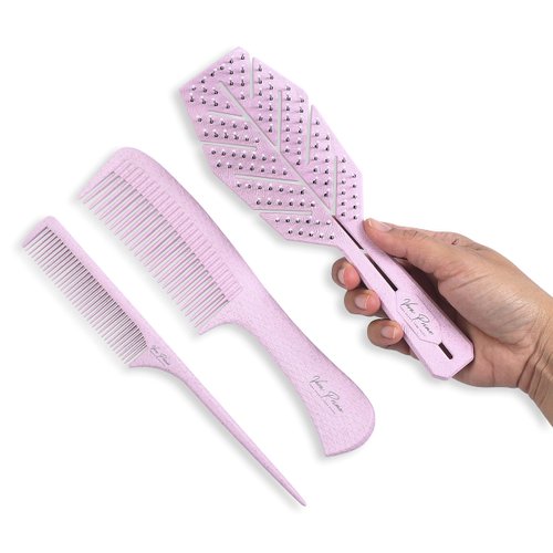 Hair Detangling Brush Set | Glide through Brush for Wet, Dry, and Curly Hair | 3 Piece Brush Set for Women| Biodegradable Detangle Hairbrush with Flexible Soft Bristles, Wide Tooth Comb, and Rat Tail Comb,Vera Prime ( Brushes and comb Set,Pink)