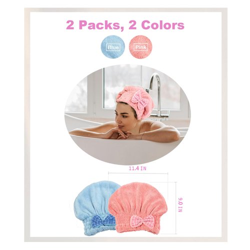 Free Eagle Microfiber Towel Head Wrap, 2 Packs Hair Towel for Curly & Quick Drying Wet Hair, Bath Towel, Absorbent Hair Turban Shower for Women (Pink, Blue)