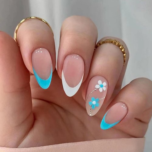Press on Nails Short Almond Fake Nails with Fresh Simple blue&white flowers Design Glue on Nails Acrylic Nails Decorate False Nails with Glue French Oval Stick on Nails For Women Girls 24Pcs