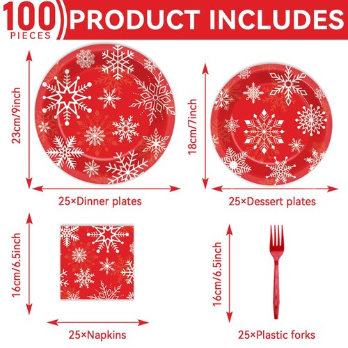 100 PCS Merry Christmas Tableware Set Christmas Theme Party Supplies Serves 25 guests Snowflakes Paper Plates Xmas napkins Bulk Christmas Dinnerware Set for Xmas Party Decorations Disposable Tableware