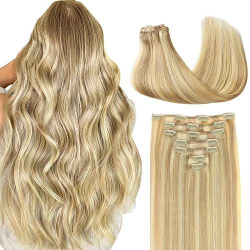 GOO GOO Clip in Hair Extensions Real Human Hair, 18inch 120g 7Pcs, 18D/22F Dirty Blonde Highlights, Remy Human Hair Extensions Clip ins for Women, Natural Human Hair