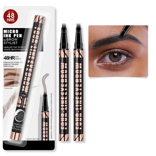 2 Pack Microblading Eyebrow Pencil,Eyebrow Pen with 4-Fork-Tip and Precise Brush Tip,Curved Eyebrow Makeup Pen for 3D Natural Hair-Like Brows, Professional Brow Enhancing Kit with Eyebrow Brush,Black
