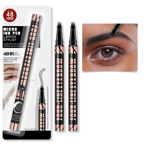 2 Pack Microblading Eyebrow Pencil,Eyebrow Pen with 4-Fork-Tip and Precise Brush Tip,Curved Eyebrow Makeup Pen for 3D Natural Hair-Like Brows, Professional Brow Enhancing Kit with Eyebrow Brush,Black