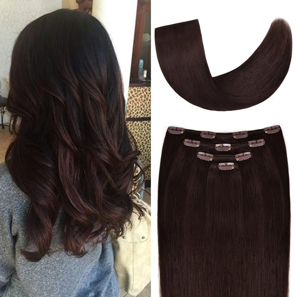 14" Clip in Hair Extensions Remy Human Hair for Women - Silky Straight Human Hair Clip in Extensions 50grams 4pieces Dark Brown #2 Color