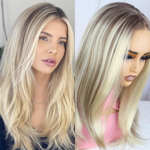 Aisom Wear And Go Glueless Wigs 18” Long Straight Synthetic Wig Mixed Brown and Blonde Color Ombre Lace Front Wigs for Women Highlight Wig