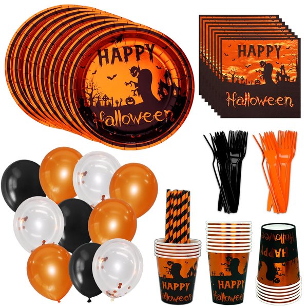 Halloween Party Plates and Napkins Foil Party Disposable Plates Set Halloween 9" Paper Plates,Paper Cups,Luncheon Napkins,Forks,Straws,Balloons,Haunted House Dinner Plates for Halloween,Serves 24