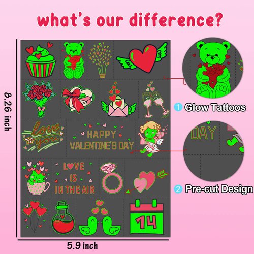 Partywind Luminous Valentines Day Temporary Tattoos for Kids, 38 Styles Glow Valentines Day Decorations Party Favors Supplies Decor, Valentine Heart Stickers for Kids to Exchange (2 Sheets)