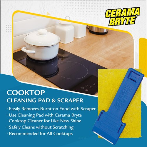 Cerama Bryte 3 x Scraper & 3 x Pad Kit Cooktop and Stove Top Cleaner for Glass - Ceramic Surfaces, 6 Piece Set