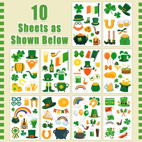 Partywind 100 Styles St Patrick's Day Tattoos Party Decorations, Saint Patrick's Day Accessories for Kids Goodie Bag Stuffers, Irish Shamrock Tattoo Stickers for Green Day Party Supplies Favors