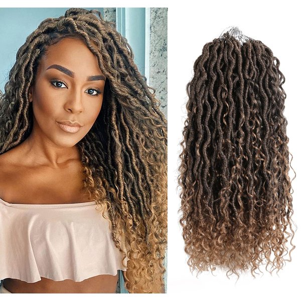 Faux Goddess Locs Crochet Hair River Locs Boho Hippie Locs Wavy Crochet With Curly Hair In Middle And Ends Braids Hair Extensions (8Packs,18 inch, T27)