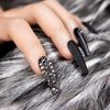 Kikmoya Extra Long Coffin Press on Nails, Crystal Luxury Nails with Grey Black Rhinestones, Black Pure Color Glitter, 24pcs Glossy False Nails Fake Tips, Finger Manicure for Women and Girls (K26)