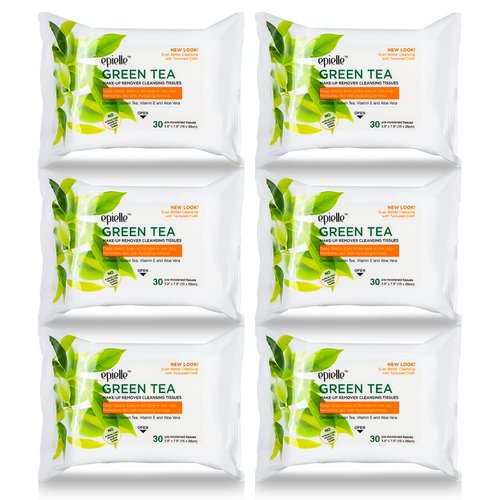 Epielle New Makeup Remover Cleansing Wipes Tissue - Cucumber 30 Count 6 Pack | Gentle for all Skin Types | Daily Facial Cleansing Towelettes | Removes Dirt, Oil, Makeup (Green Tea)