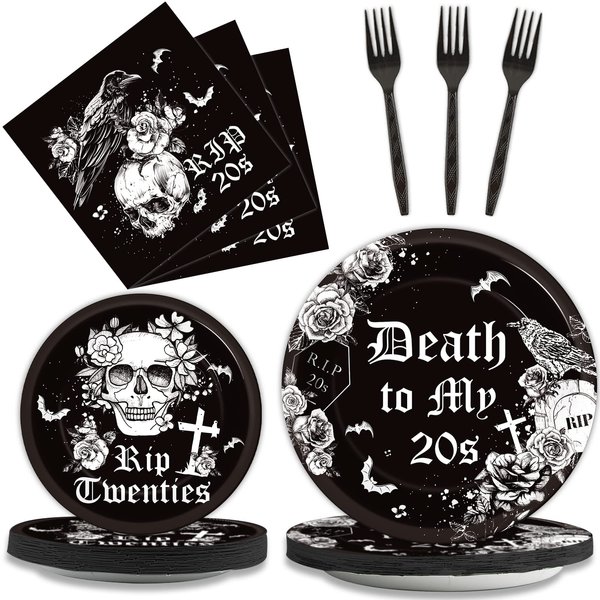 gisgfim 30th Birthday Party Supplies Tableware Set for 24 Guests Death To My Twenties Birthday Party Paper Plates Napkins Disposable Black Rip To My 20s Decorations Favors for Funeral My Youth Party