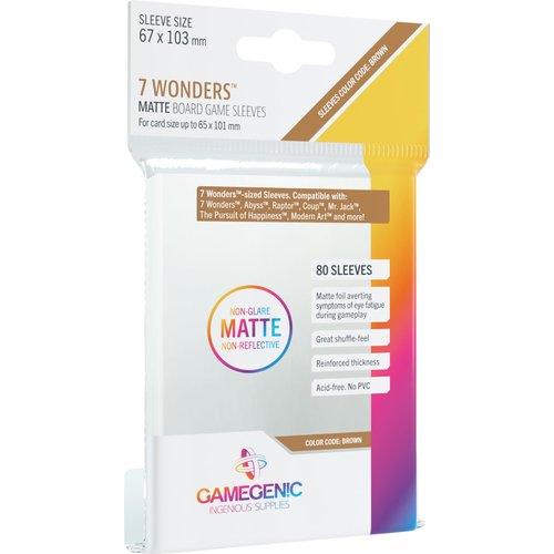 Matte Board Game Sleeves | Pack of 80 Matte Sleeves | 67 by 103 mm Card Sleeves Optimized for Use with 7 Wonders | Premium Card Protection | FFG Brown Color Code | Made by Gamegenic
