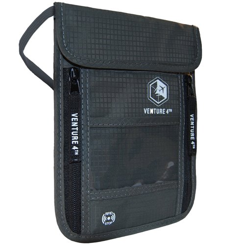VENTURE 4TH Passport Holder Neck Wallet with RFID Blocking Nylon Lining - Hidden Neck Pouch for Travel (Grey)